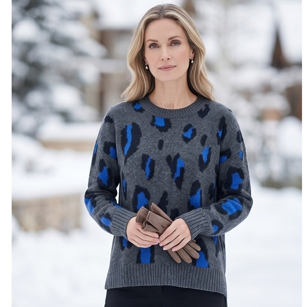 Athleta Womens L Wool Cashmere Leopard Print Sweater Gray Blue Crew Neck Sweater